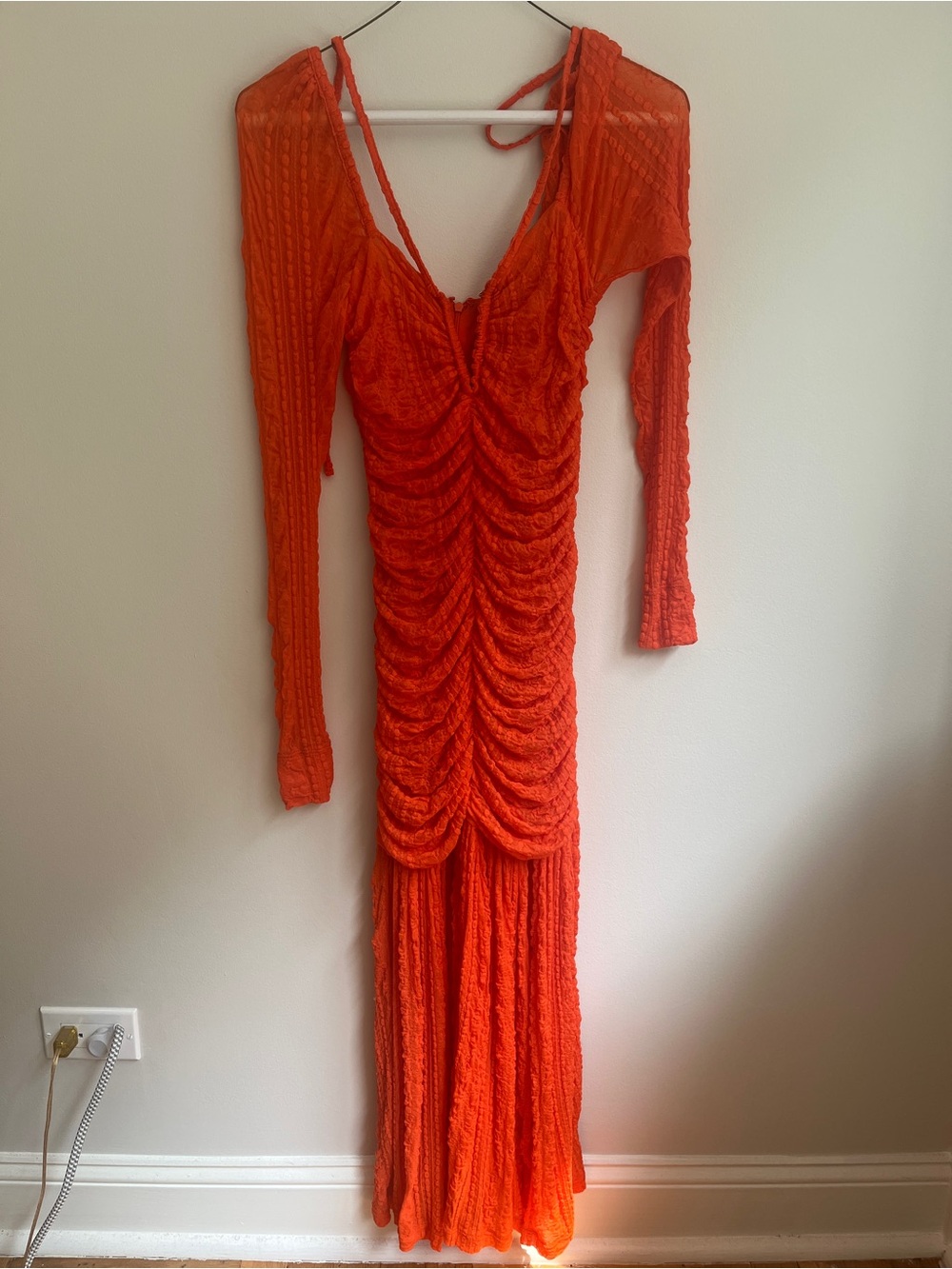 GANNI Orange Printed Mesh Ruched Midi Dress EU 36
